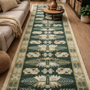 Covor traditional, dimensiunea 100x300cm, verde si crem, model Con de brad