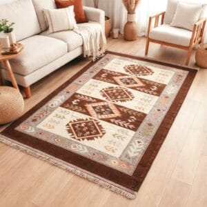 Covor traditional, dimensiunea 80x200cm, maro si crem, model SPIC DE GRAU
