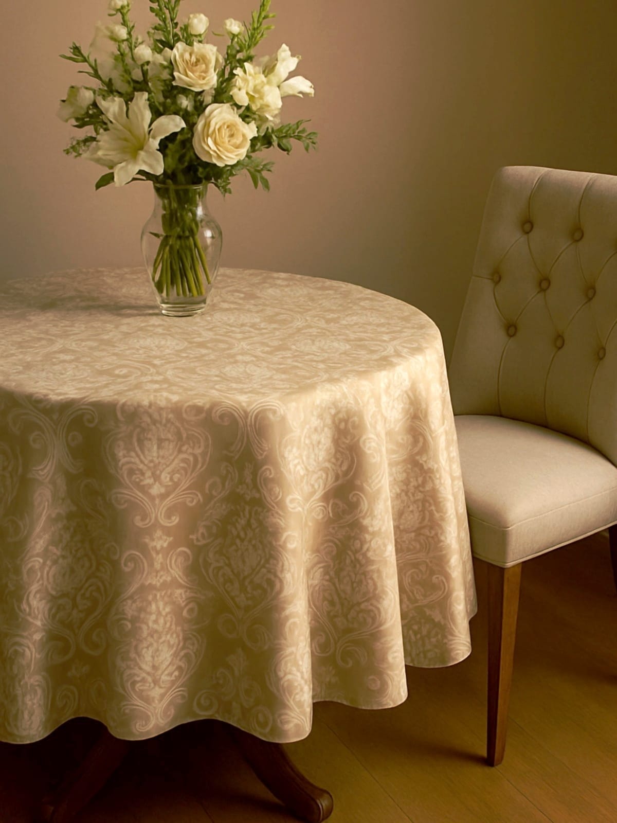 Fata de masa bumbac 100% , teflonata, impermeabila, Rotunda 175cm Camel