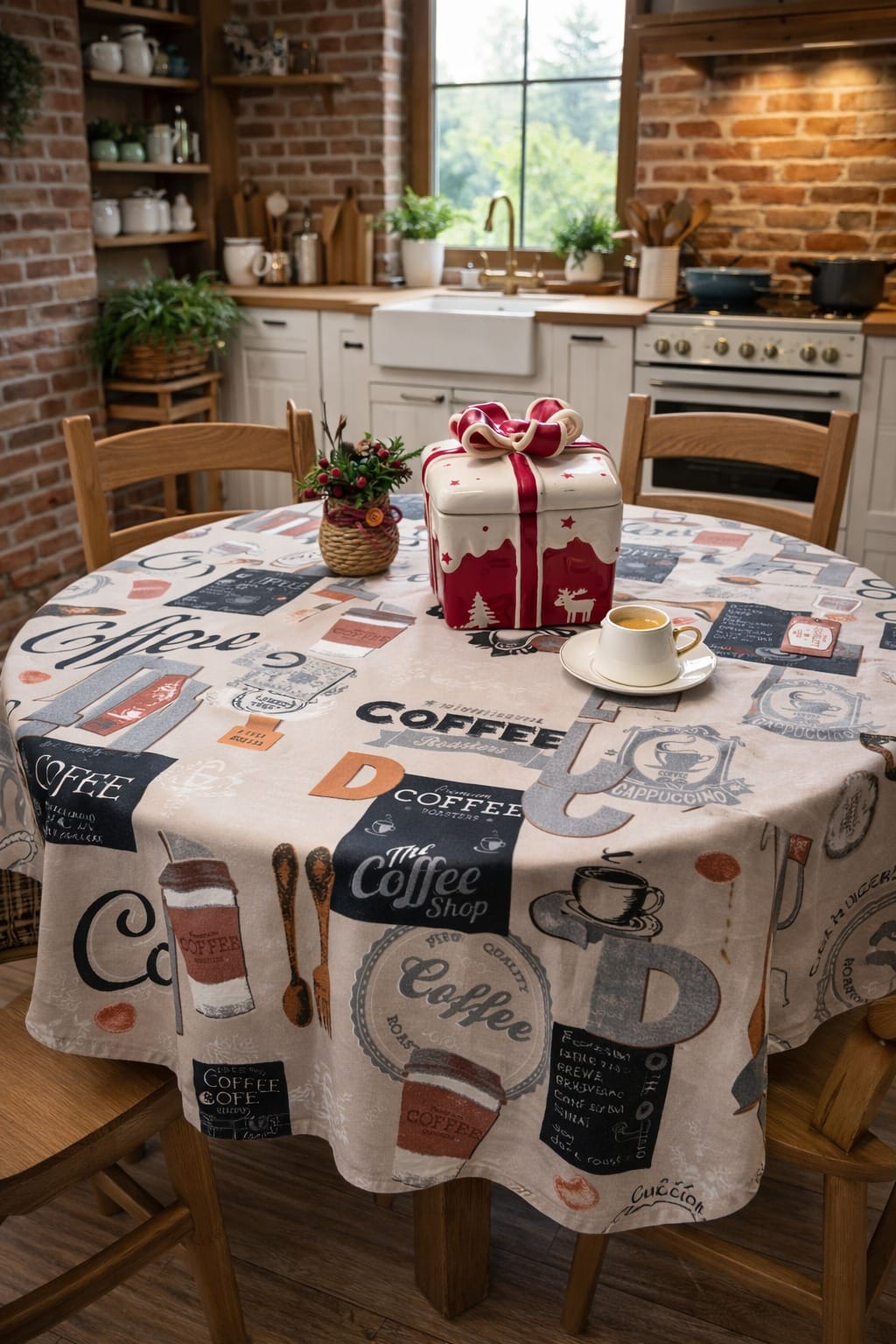 Fata de masa bumbac 100% , teflonata, impermeabila, Rotunda 175cm Caffe
