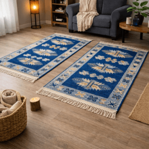 1+1 Set Covoare traditionale, dimensiunea 80x125cm, albastru , model Con de brad