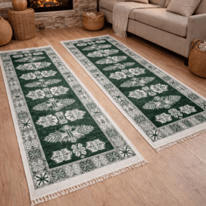 1+1 Covoare traditionale, dimensiunea 60x120cm, verde si crem, model Con de brad