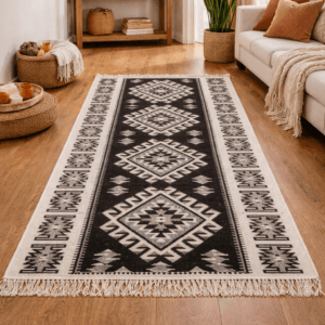 Covor traditional, tesut, cu doua fete, dimensiunea 100x200cm negru si gri, model ROMB