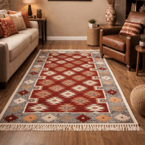 Covor traditional, bumbac, dimensiunea 120x180cm rosu si crem, rustic