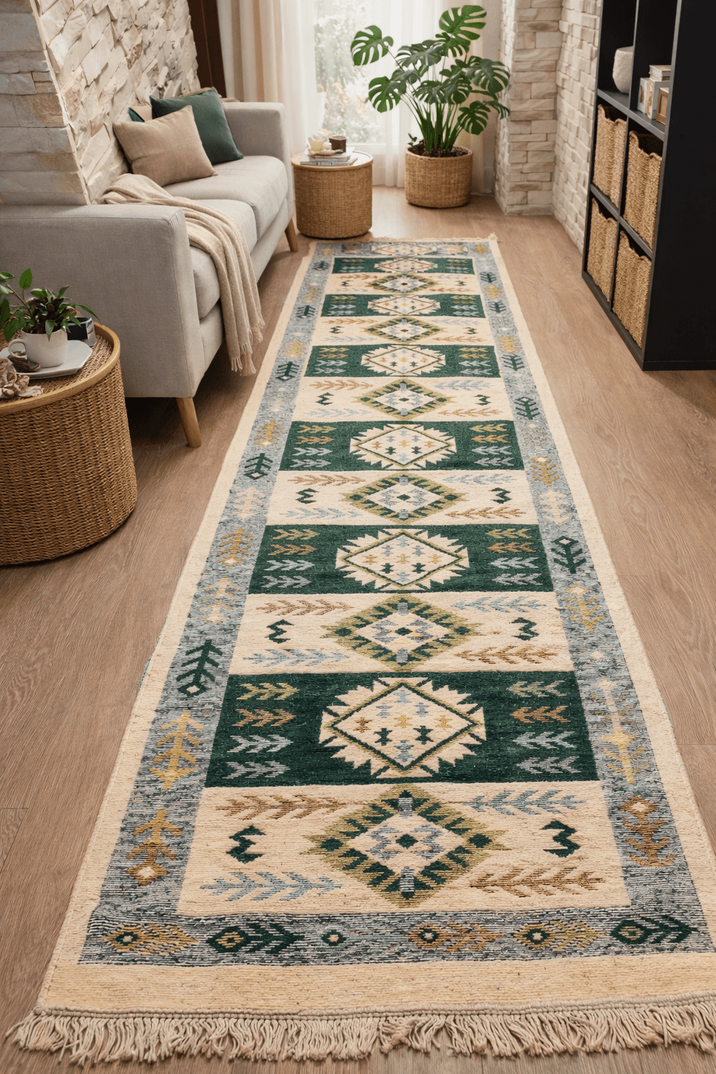 Covor traditional, dimensiunea 80x300cm Verde si crem, model Geometric3