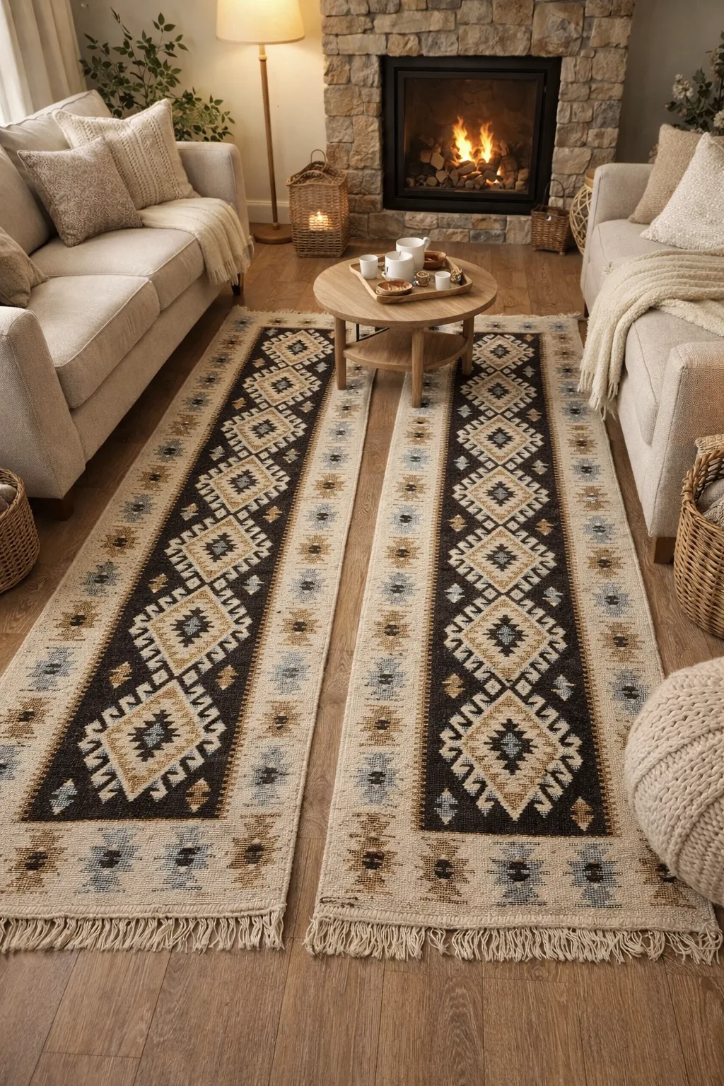 1+1 Covoare traditionale, dimensiunea 60x200cm, mahon si crem, model Romb