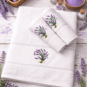 Set 3 prosoape, bumbac 100%, dimensiune 50x90cm ALB broderie cu Lavanda
