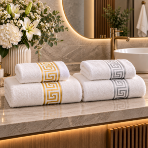 Set 4 prosoape baie, bumbac 100%, dimensiune 2 buc 50x90cm+ 2 buc 70x130cm auriu/argintiu