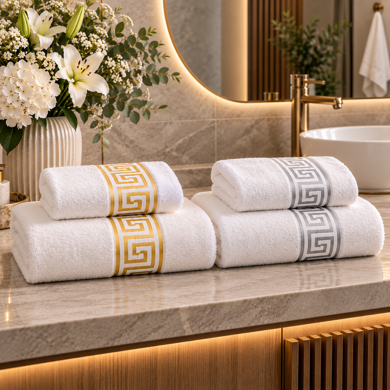 Set 4 prosoape baie, bumbac 100%, dimensiune 2 buc 50x90cm+ 2 buc 70x130cm auriu/argintiu