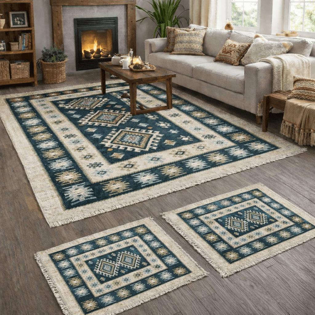 Set 3 Covoare traditionale dimensiunea 140x210cm+2 buc 60x90cm, verde si crem, model Romb