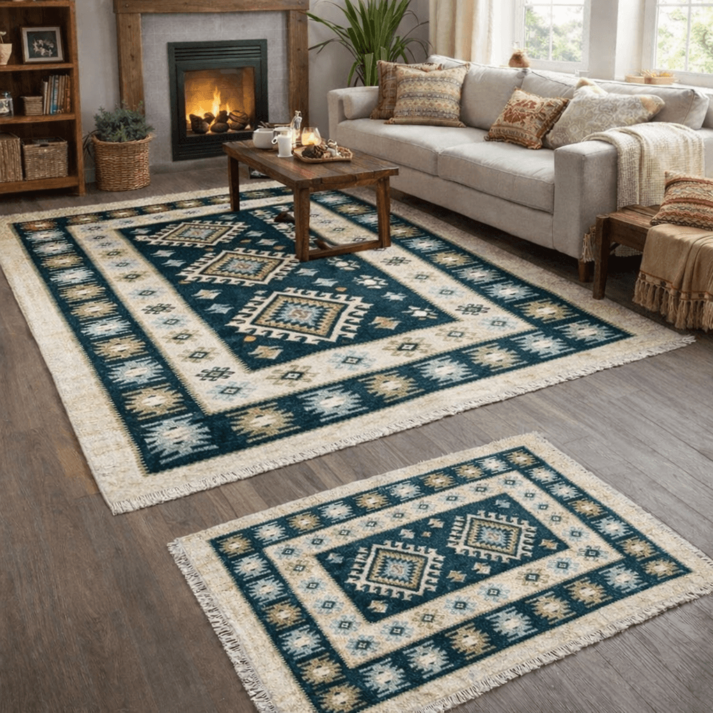 Set 2 Covoare traditionale dimensiunea 140x210cm+1 buc 60x90cm, verde si crem, model Romb