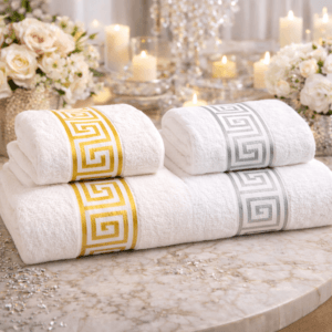 Set 4 prosoape baie, bumbac 100%, dimensiune 2 buc 50x90cm+ 2 buc 70x130cm auriu/argintiu - imagine 5