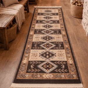 Covor traditional, dimensiunea 60x200cm Maro si crem, model rustic2