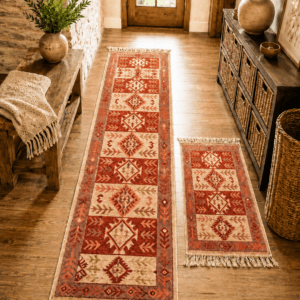 1+1 Covoare traditionale, dimensiunea 60x200cm + 60x90cm Rosu si crem, model Rustic 4