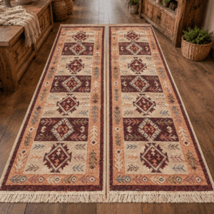 1+1 Covoare traditionale, dimensiunea 60x200cm, Rosu si crem, model Rustic