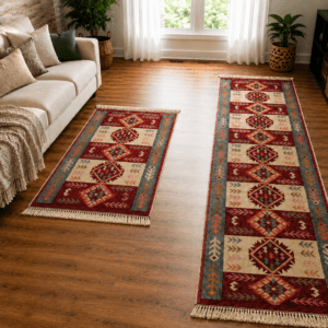 1+1 Covoare traditionale, dimensiunea 60x200cm + 60x90cm Rosu si crem, model Rustic 4