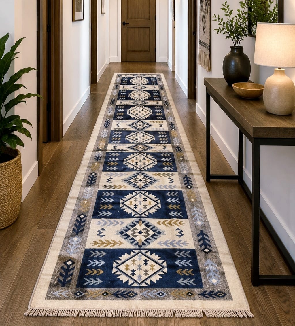 Covor traditional, dimensiunea 80x300cm, Albastru si crem, model Rustic