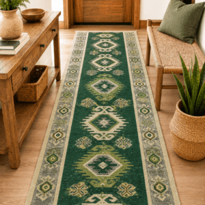 Covor pentru hol, tesut, cu doua fete, dimensiunea 60x400cm verde si crem, model Hora