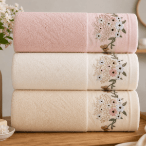 Set 3 prosoape baie, bumbac 100%, dimensiune 70x140cm broderie florala Peach, Yvoire, Latte