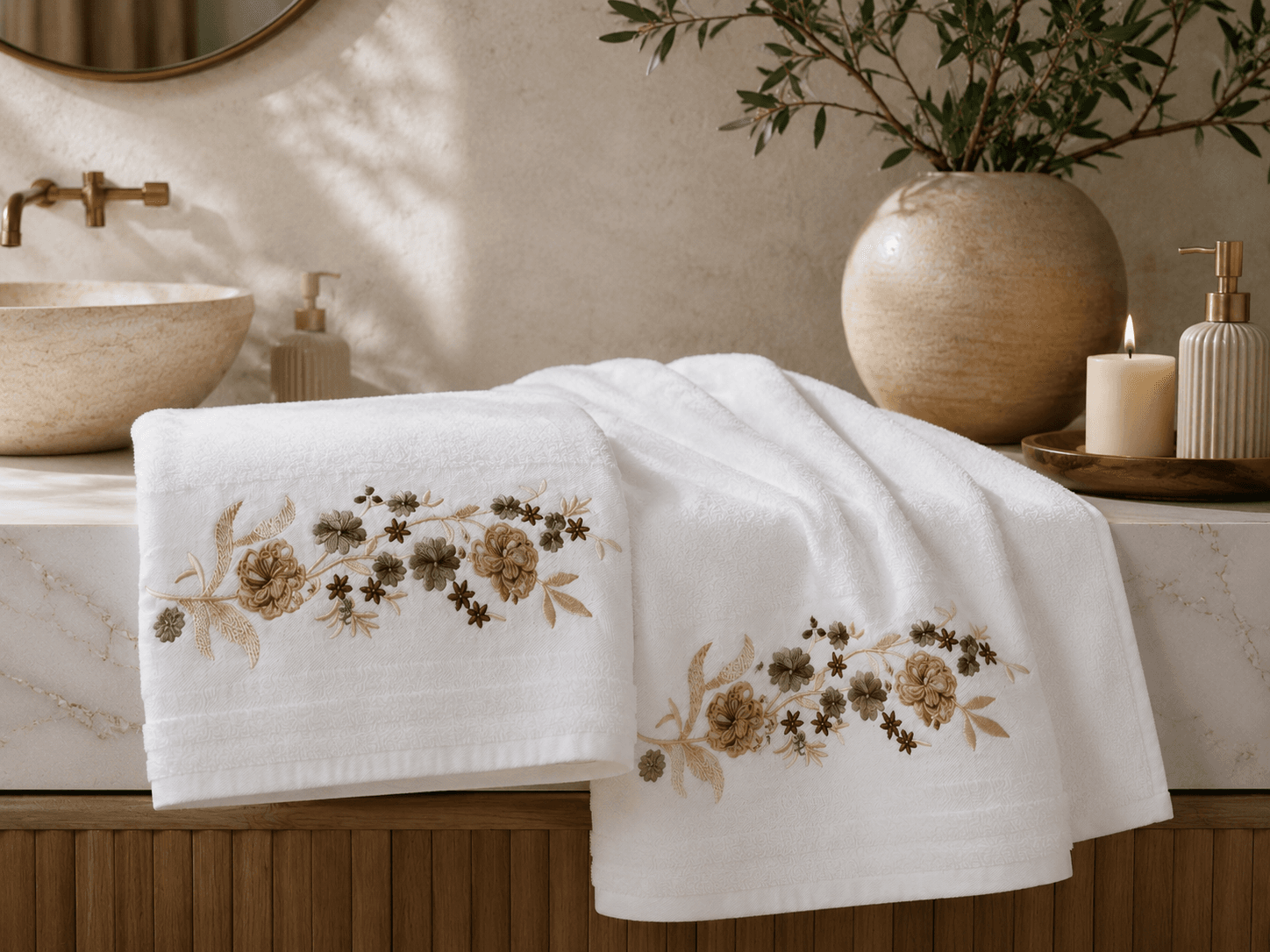 Set 2 prosoape baie, ALB, bumbac 100%, dimensiune 70x140cm broderie florala Caffe