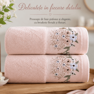 Set 2 prosoape baie, bumbac 100%, dimensiune 70x140cm broderie florala Peach