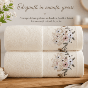 Set 2 prosoape baie, bumbac 100%, dimensiune 70x140cm broderie florala Yvoire