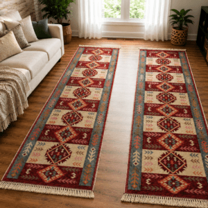 1+1 Covoare traditionale, dimensiunea 60x200cm, Rosu si crem, model Rustic