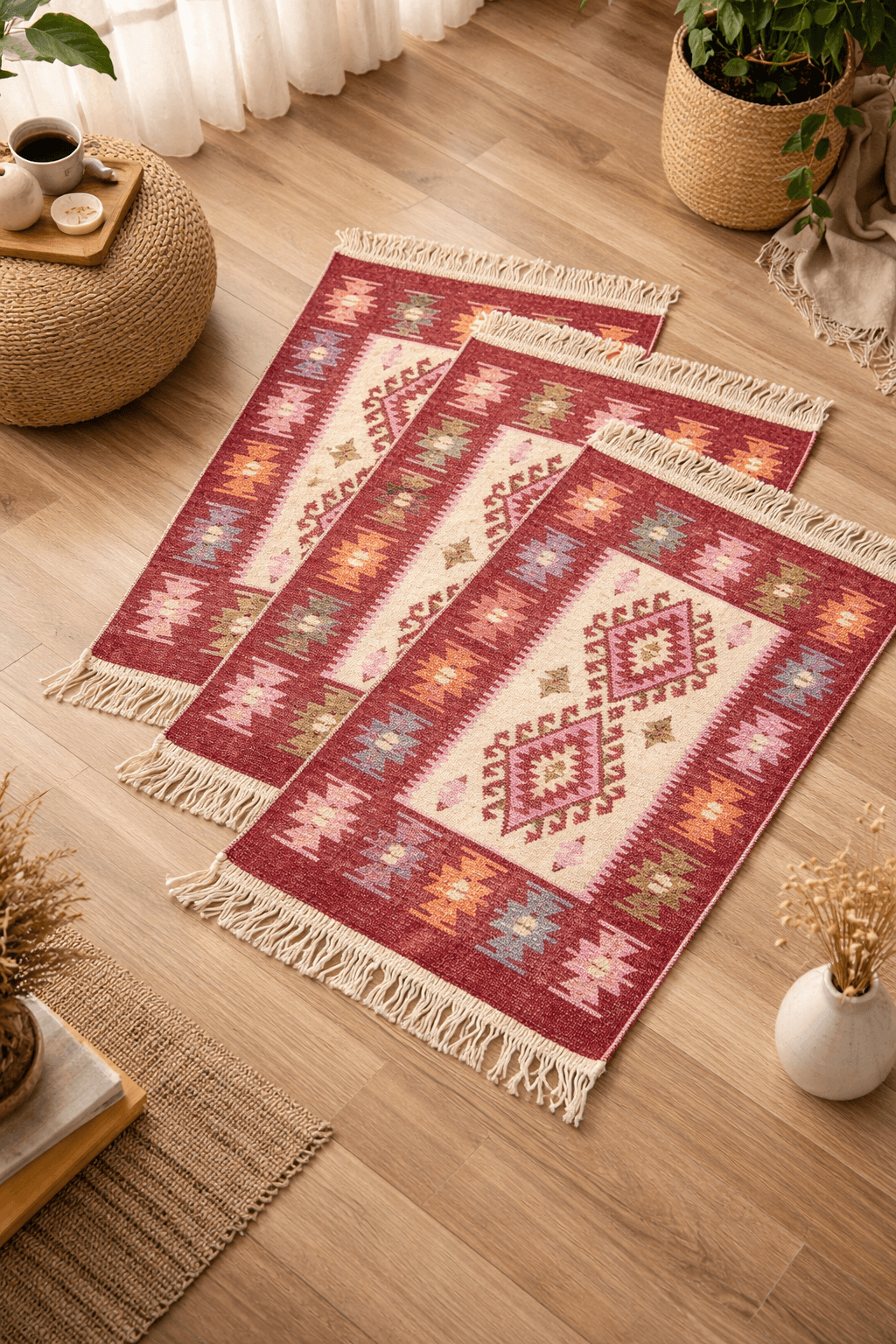 set 3 Covoare traditionale tesute,cu doua fete, dimensiunea 60x90cm, Rosu, model ROMB