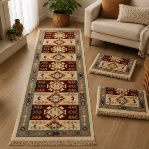 Set 3 Covoare traditionale, dimensiunea 60x200cm, Rosu si crem, model Rustic