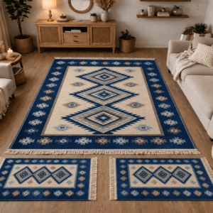 Set 3 Covoare traditionale dimensiunea 140x210cm+2 buc 60x90cm, albastru si crem, model Romb