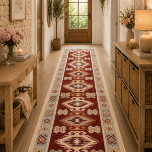 Traversa hol, dimensiunea 80x250cm rosu si crem, model Hora