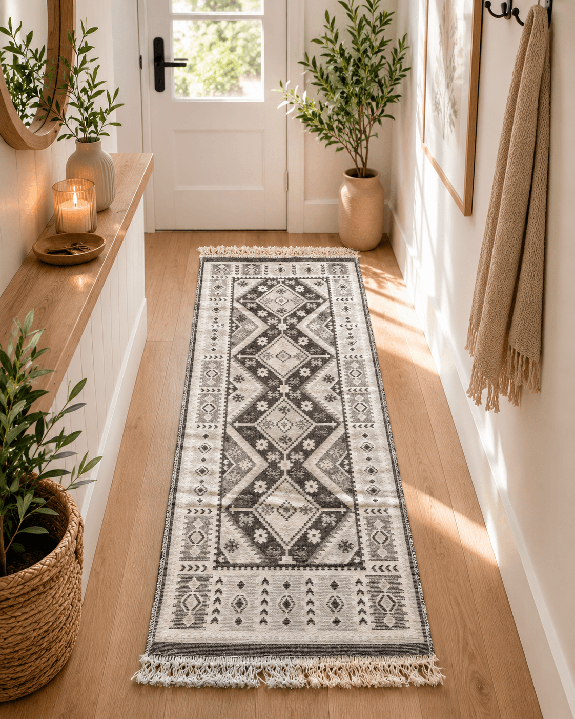 Covor traditional, cu doua fete, dimensiunea 60x150cm gri si crem model floral