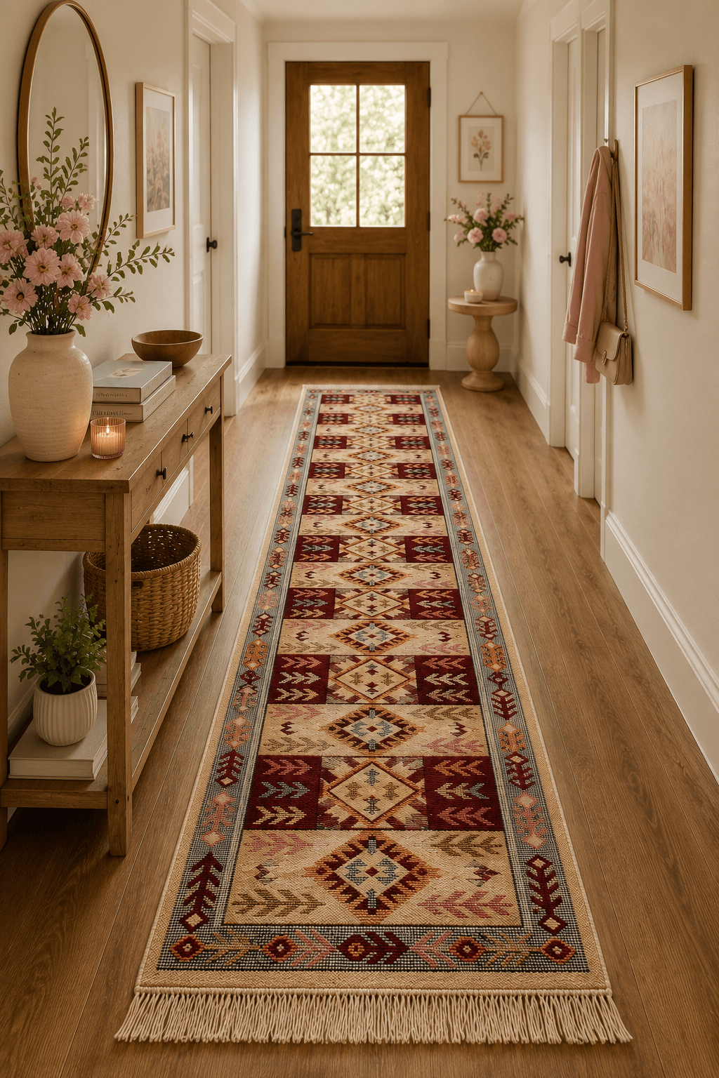 Covor traditional, dimensiunea 60x200cm Rosu si crem, model Rustic