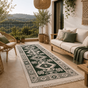 Covor traditional tesut, cu doua fete, dimensiunea 80x150cm, Verde si crem, model Hora