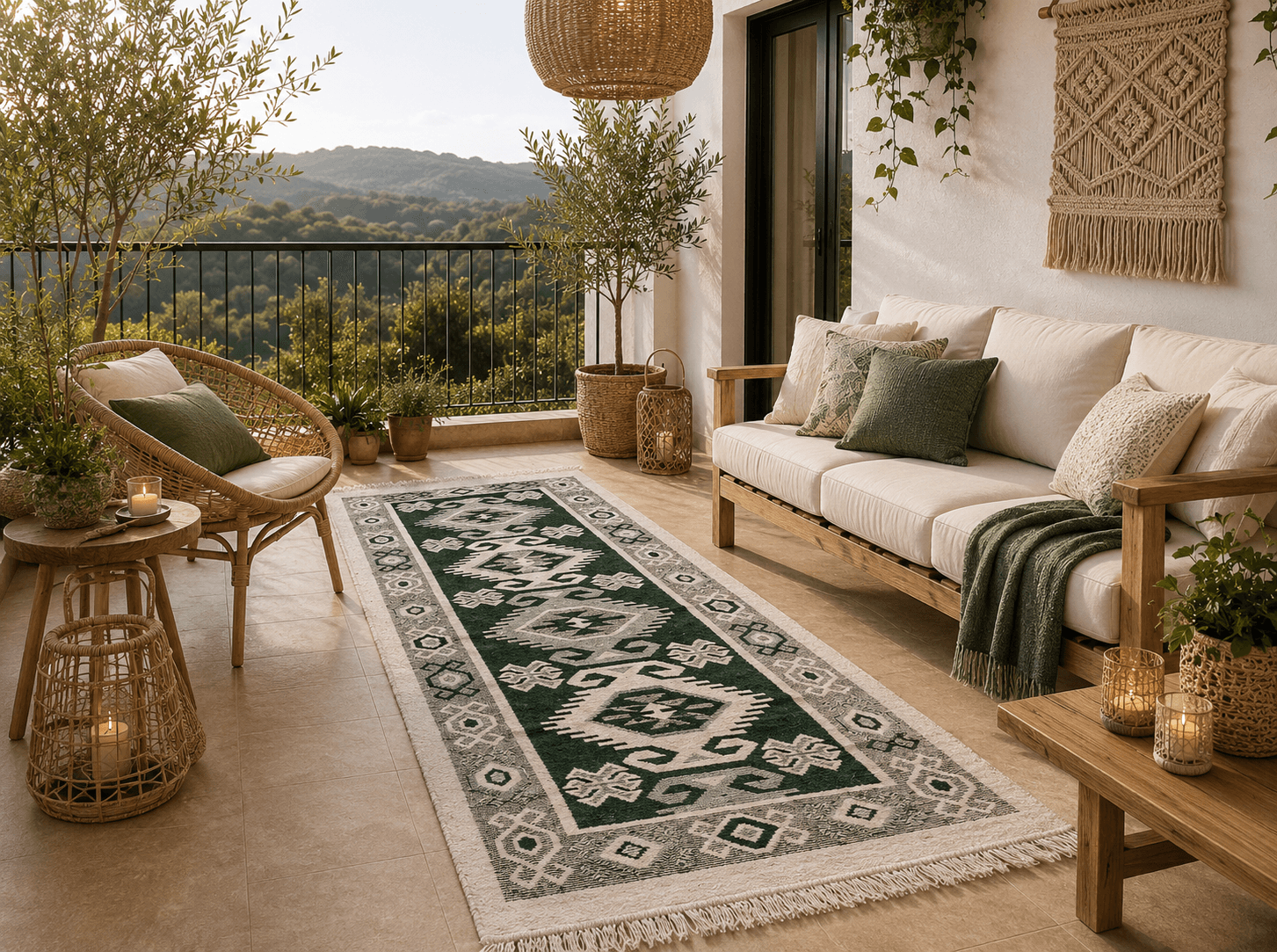 Covor traditional tesut, cu doua fete, dimensiunea 80x150cm, Verde si crem, model Hora