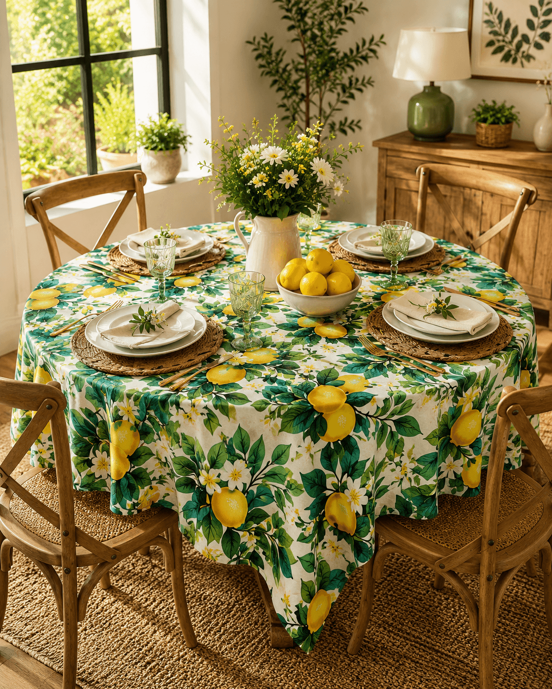 Fata de masa bumbac 100% , teflonata, impermeabila, Rotunda 175cm Lemon3
