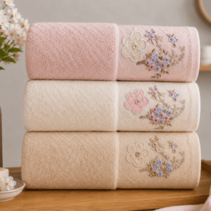 Set 3 prosoape baie, bumbac 100%, dimensiune 70x140cm broderie florala Peach, Yvoire, Latte2
