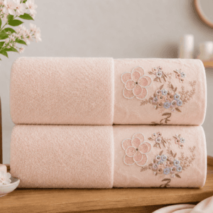 Set 2 prosoape baie, bumbac 100%, dimensiune 70x140cm broderie florala Peach2