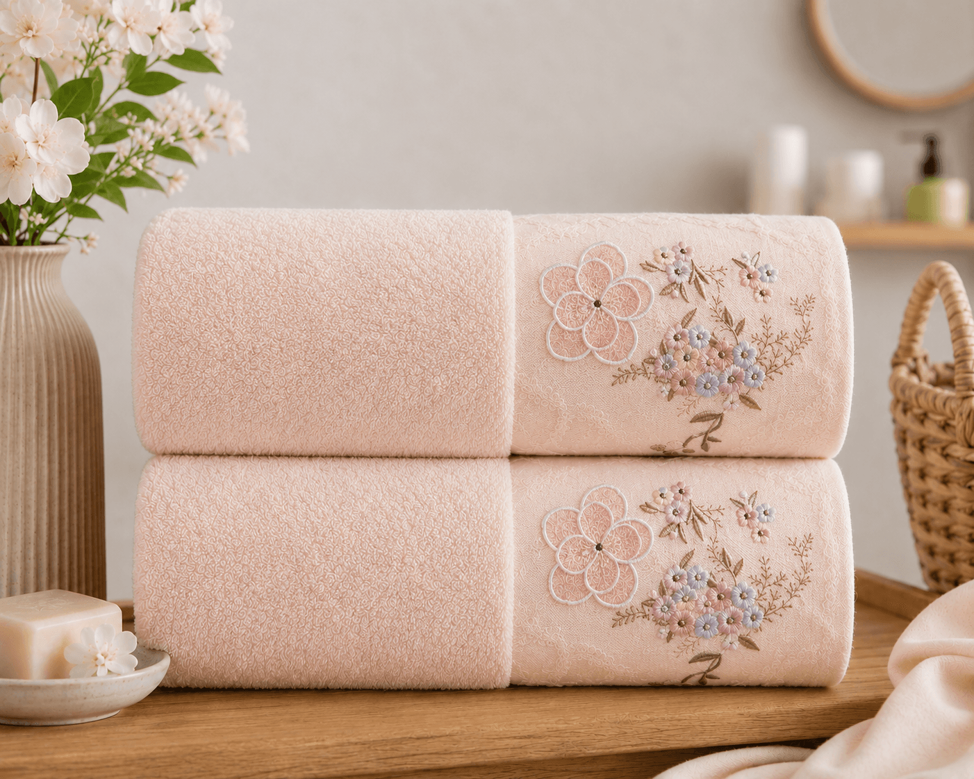 Set 2 prosoape baie, bumbac 100%, dimensiune 70x140cm broderie florala Peach2