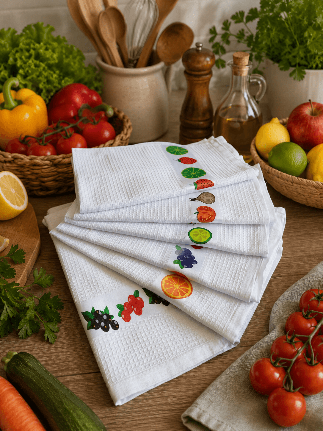 Set 6 prosoape pentru bucatarie, model fagure, bumbac 100%, dimensiune 38x60cm Alb