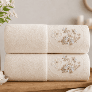 Set 2 prosoape baie, bumbac 100%, dimensiune 70x140cm broderie florala Latte2