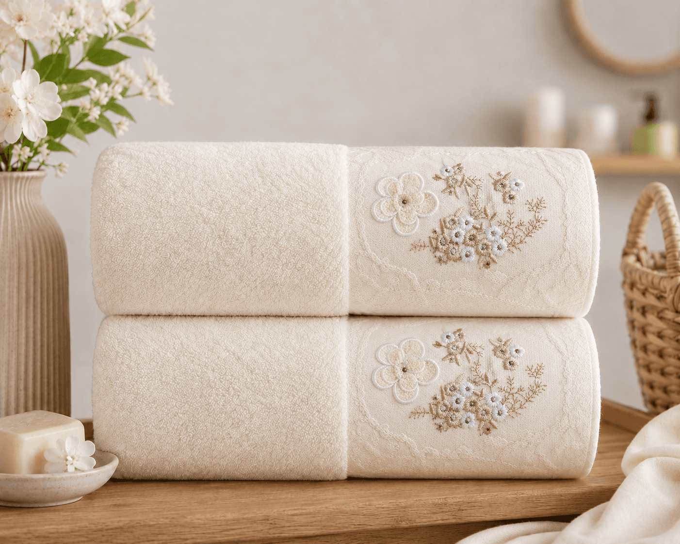 Set 2 prosoape baie, bumbac 100%, dimensiune 70x140cm broderie florala Latte2