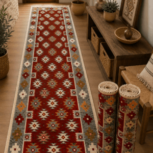 set 3 Covoare traditionale, dimensiunea 60x200cm, Rosu si crem, model Rustic 4