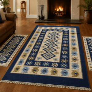Alternative view of Set 3 Covoare traditionale dimensiunea 140x210cm+2 buc 60x90cm, albastru si crem, model Romb