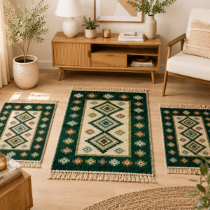 1+2 Covoare traditionale, dimensiunea 1 buc 80x125cm+ 2 buc 60X90cm, verde si crem model Romb