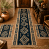 1+2 Covoare traditionale, IUTA dimensiunea 1 buc 80x300cm+ 2 buc 60X90cm, ALBASTRU si crem, model ROMB
