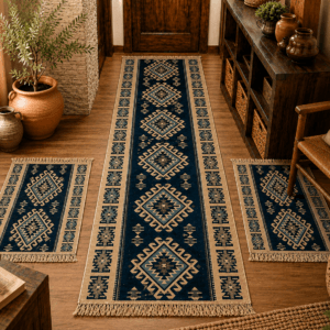 1+2 Covoare traditionale, IUTA dimensiunea 1 buc 80x300cm+ 2 buc 60X90cm, ALBASTRU si crem, model ROMB