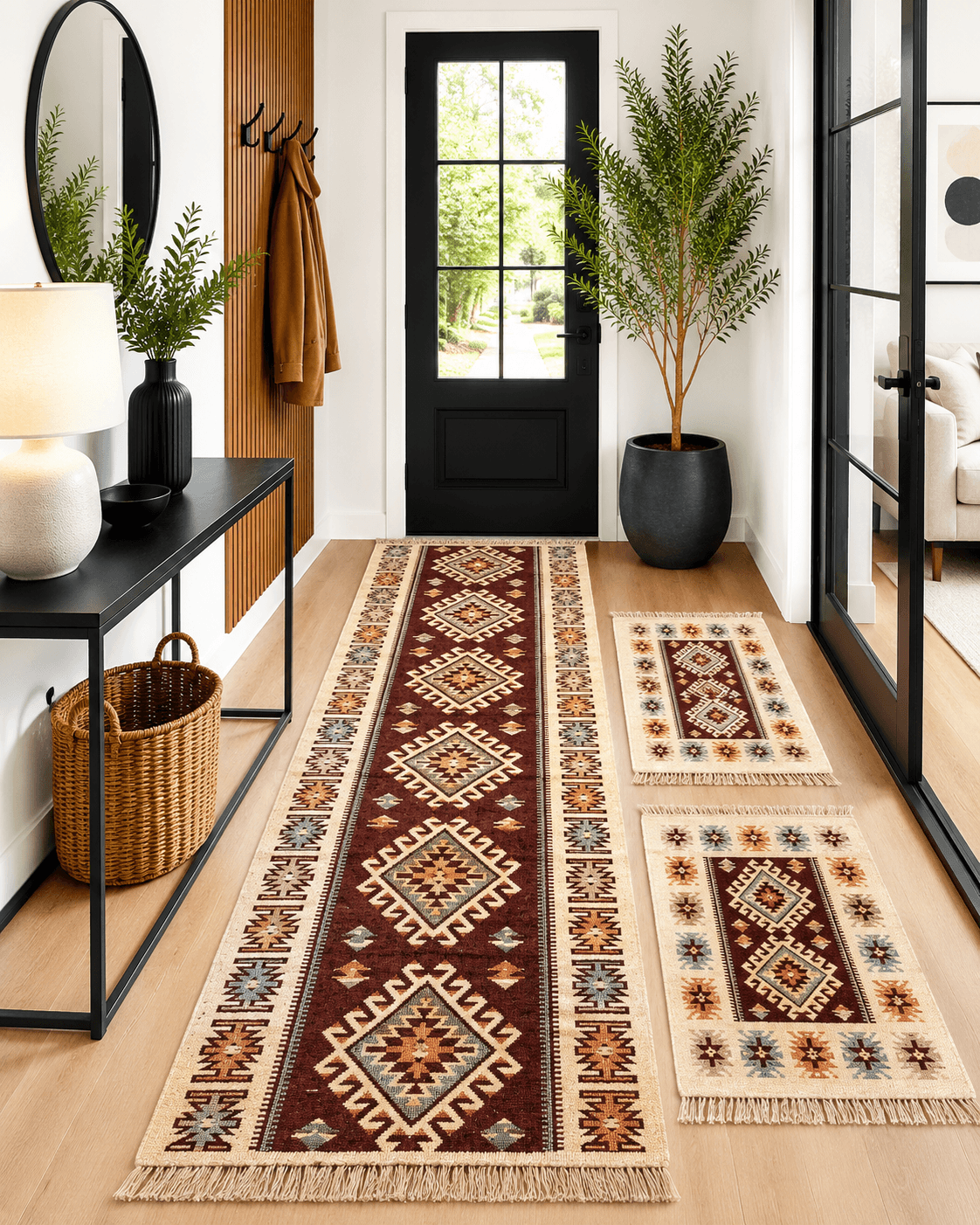 1+2 Covoare traditionale, IUTA dimensiunea 1 buc 80x300cm+ 2 buc 60X90cm, maro si crem, model ROMB