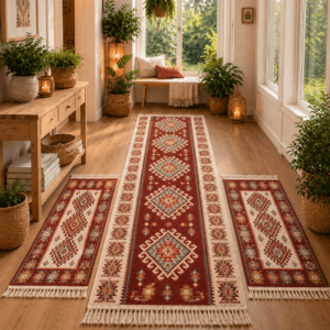 1+2 Covoare traditionale, IUTA dimensiunea 1 buc 80x300cm+ 2 buc 60X90cm, ROSU si crem, model ROMB