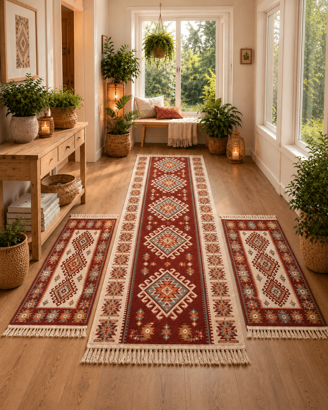 1+2 Covoare traditionale, IUTA dimensiunea 1 buc 80x300cm+ 2 buc 60X90cm, ROSU si crem, model ROMB